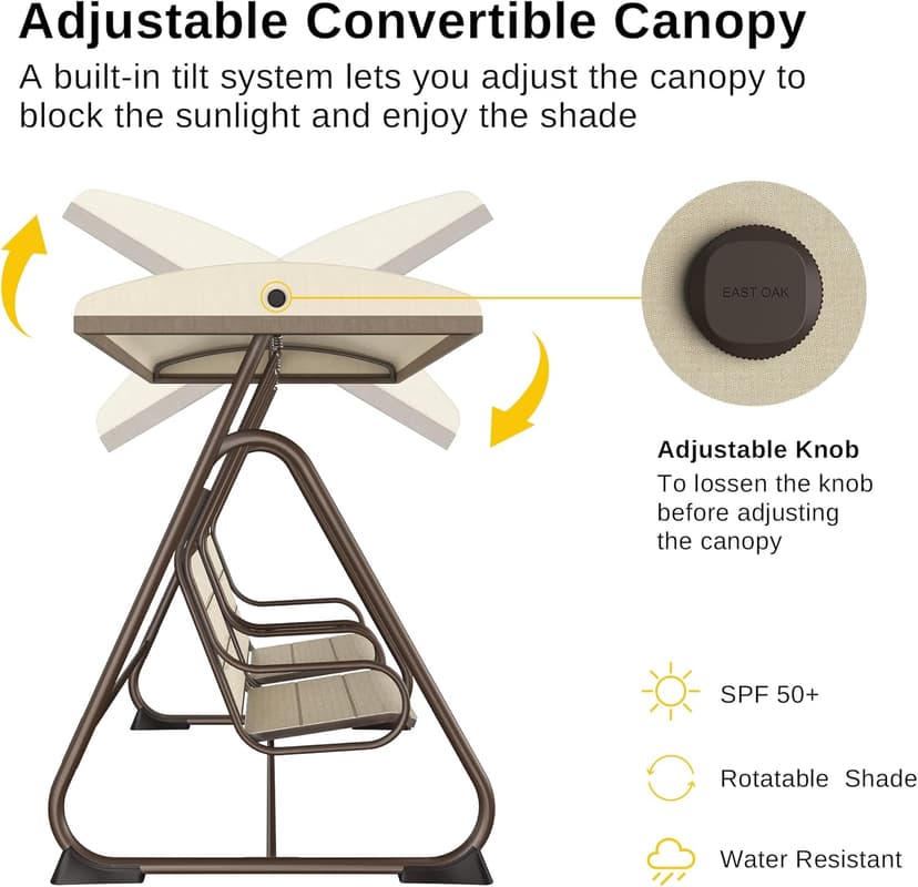 EAST OAK 2-Person Outdoor Porch Swing with Adjustable Canopy, Patio Swing Chair with Comfortable and Breathable Seats, Independent Swing Chairs for Garden, Balcony, Backyard, Chestnut Brown