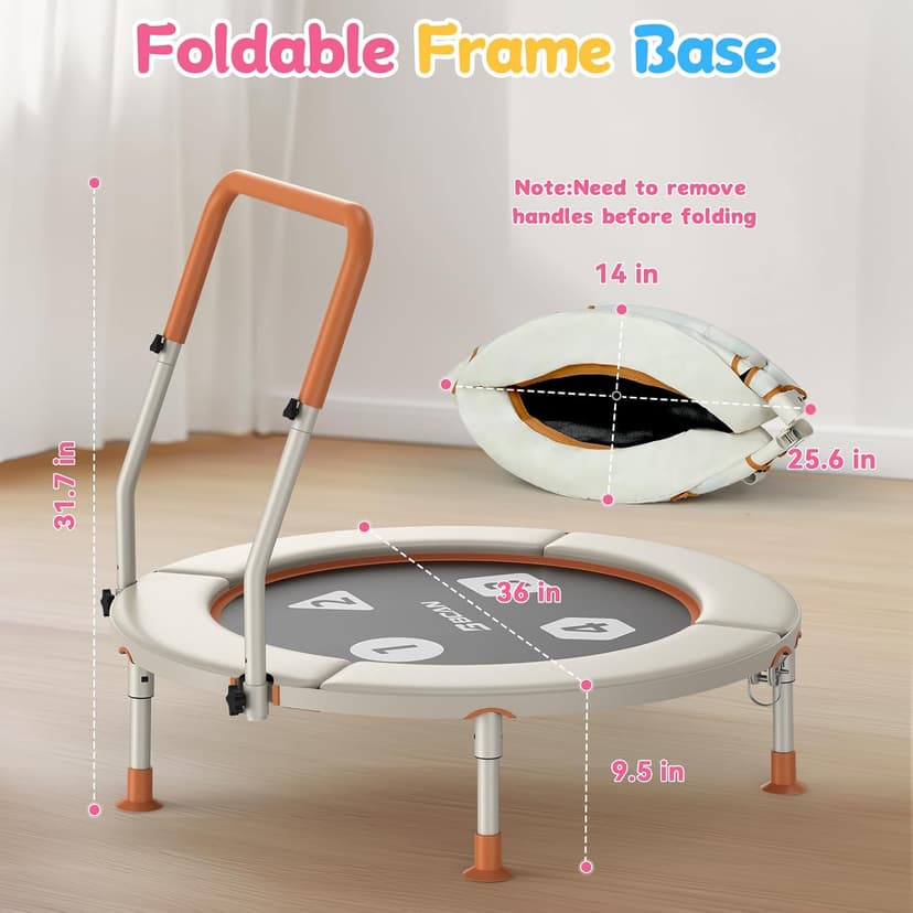 BCAN 36'' Toddler Trampoline, ASTM Certified-Foldable Mini Trampolines for Kids Ages 1-6, Adjustable Handle, Safety Pad & Foldable Legs, Baby Trampoline Indoor/Garden, Gift for Boy and Girl