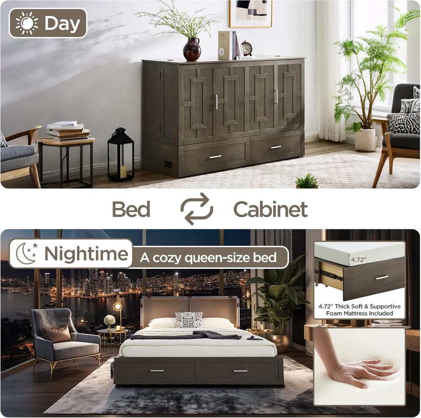Murphy Bed Cabinet with Mattress, Queen Size Wall Beds with Large Storage Drawer and Charging Station, Hideaway Murphy Bed Chest for Home Office or Small Room (Gray)