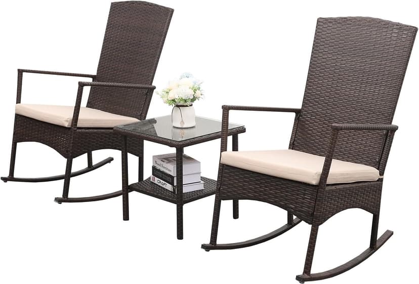 Outdoor Rocking Chair 3 Pieces High-Backed Rocking Chair Patio Rocking Chairs Outdoor Table, Khaki