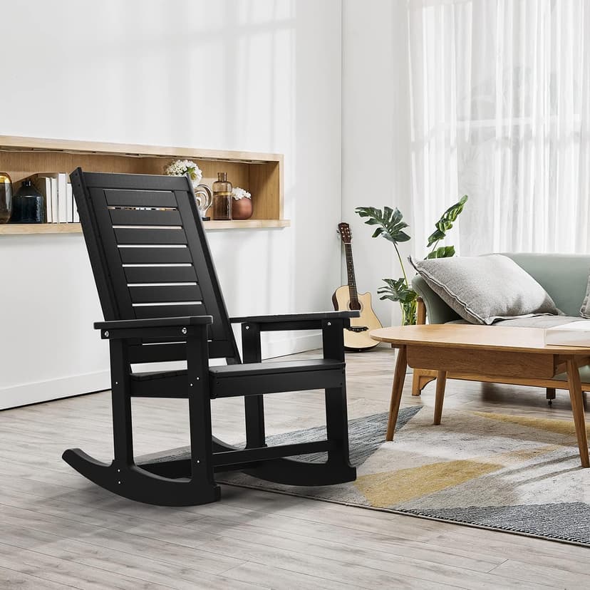 GREENVINES Outdoor Rocking Chairs | Set of 2 | Porch Rocker | HDPE Plastic | Black | Oversized Rockers | High Back | Big & Tall | Ladder Back | for Patio Outside Backyard Balcony
