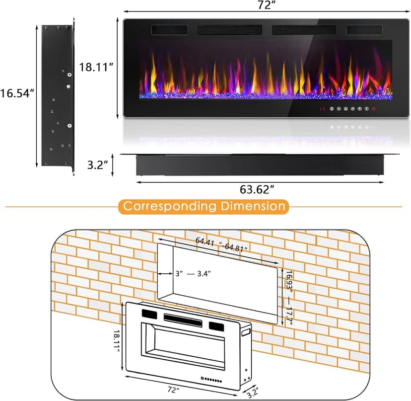 LEMBERI 72 inch Electric Fireplace Recessed and Wall Mounted,750/1500W Fireplace Heater and Linear Fireplace with Touch Screen Control Panel, Timer,Remote Control,Adjustable Flame Color and Speed