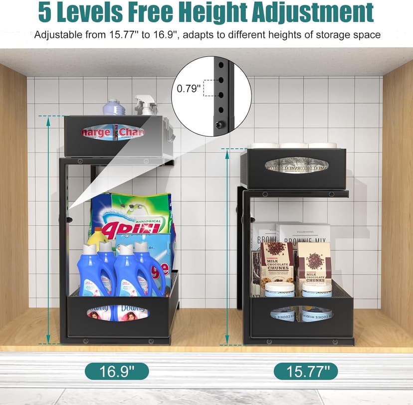 2 Pack Under Sink Organizer, 2 Tier Metal Pull Out Under Sink Storage with Sliding Mesh Drawers, Height Adjustable Slide Out Under Sink Organizer for Kitchen Bathroom Cabinet, Black