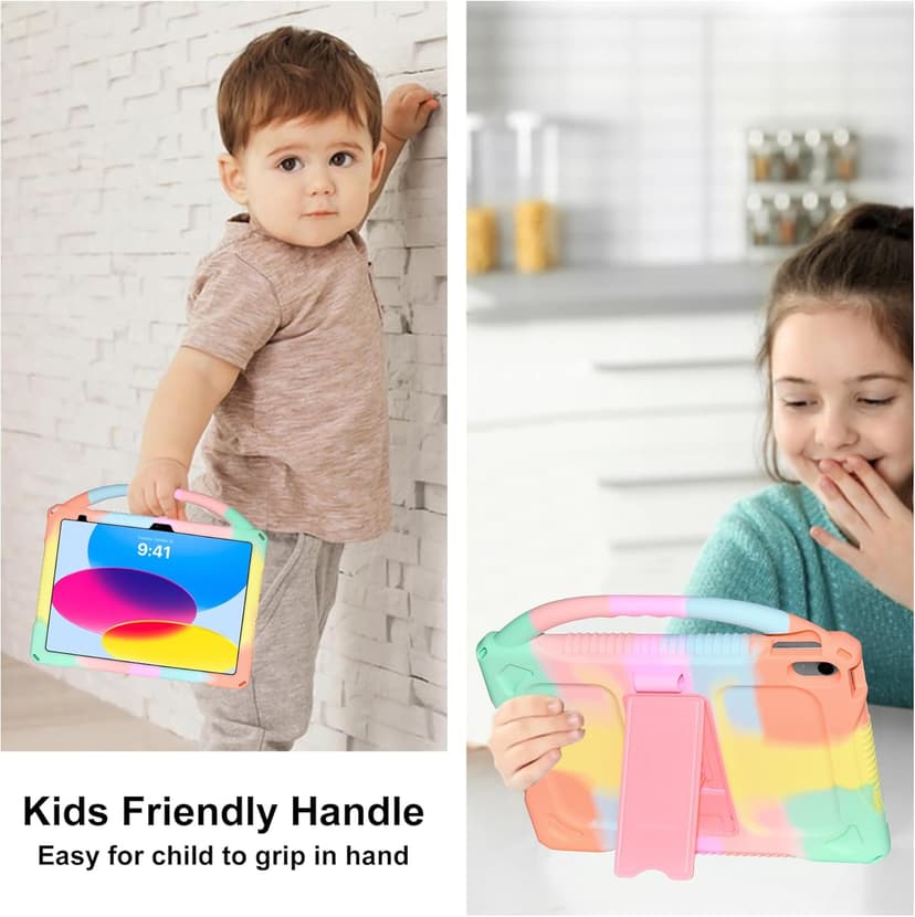 Adocham Kids Case for New iPad (A16) 11th Generation 11 Inch 2025/10th Generation 10.9 Inch 2022 Built-in Stand Handle,Lightweight Shockproof Silicone Kids Cover for iPad 10th/11th Gen (Rainbow)