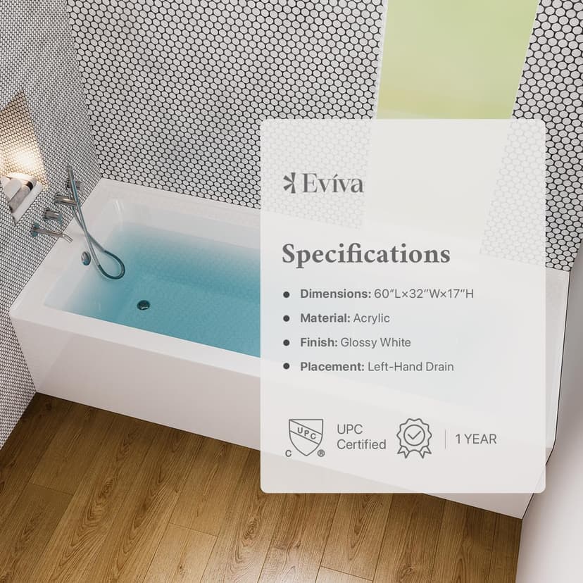 Eviva Nova 60" White Acrylic Free Standing Tub for Bathrooms - White Bathtub with Chrome Left-Hand Drain - luxurious Bathtubs - 60 inch Bathtubs for Bathrooms