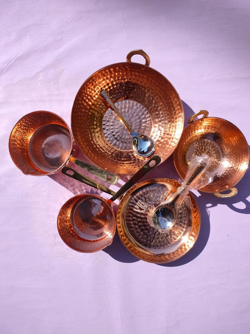 Pure Cookware 10 Piece Set with Serving Spoon (Sauce Pan | Copper Kadhai Set | Copper Fry Pan) with Brass Handle for Cooking Purpose