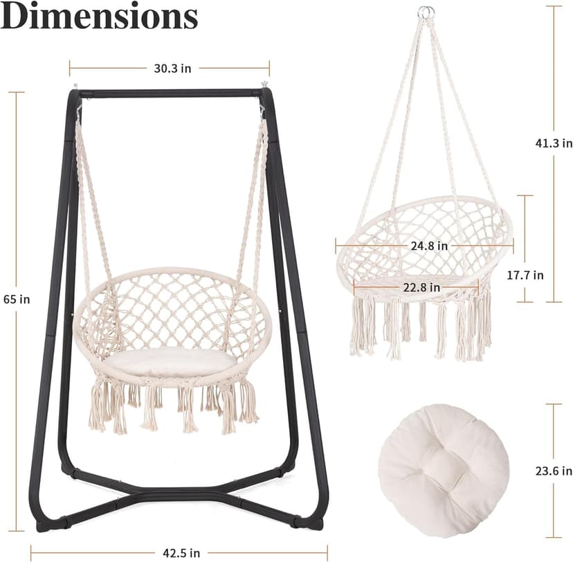 SUNCREAT Patio Swing Chair with Stand and Cushion, Heavy Duty Hanging Chair with Stand for Bedroom, 330 lbs Capacity, Patent Pending, Beige