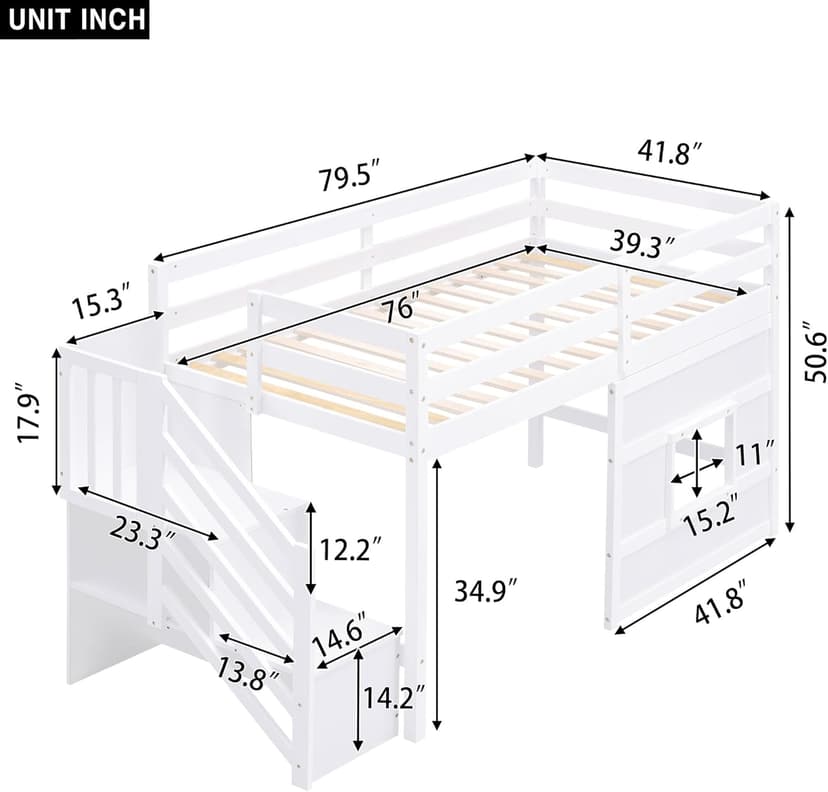 Twin Size Low Loft Bed with Stairs, Kids Loft Bed with Storage,Solid Wood Twin Loft Bed Frame for Kids, Space Saving Low Loft Bed for Boys, Girls, White