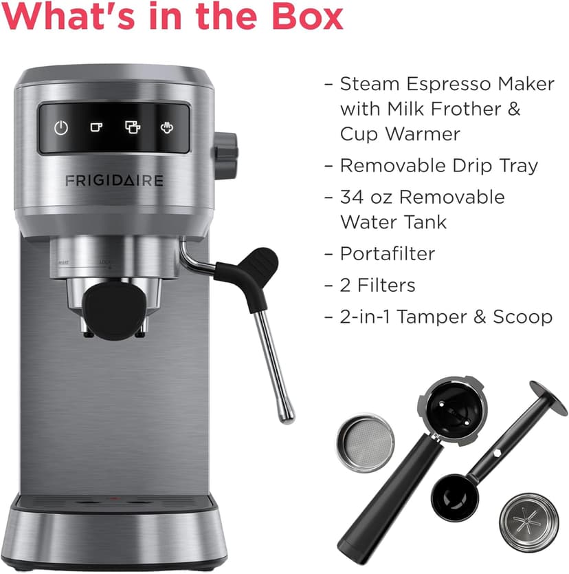 Frigidaire Steam Espresso Maker, Coffee Machine with Milk Frother & Cup Warmer, 20 Bar Pressure, 34 oz Removable Water Tank, Single or Double Shot, Stainless Steel