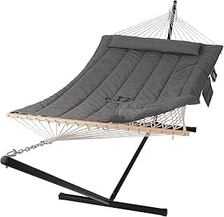 SUNCREAT Double Outdoor Hammock with Stand, Two Person Cotton Rope Hammock with Polyester Pad, Dark Gray