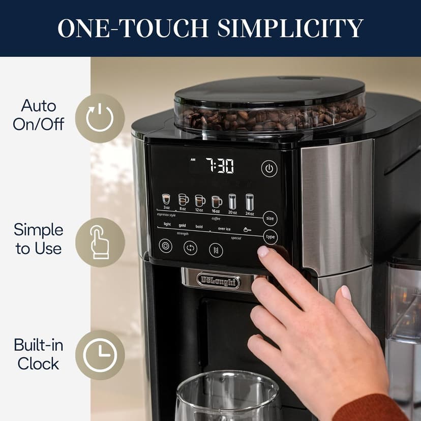 De'Longhi TrueBrew Drip Coffee Maker, Built in Grinder, Single Serve, 8 oz to 24 oz with 40 oz Carafe, Hot or Iced Coffee, Stainless,CAM51035M, Silver/Black