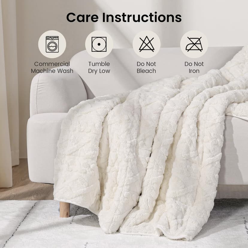 Drewin Weighted Blanket 15lbs Queen Size, Soft and Thick Jacquard Sherpa Heavy Blanket for Calming and Relax, Dual Sided Ultra Soft Fuzzy Throw Blanket with Ceramic Beads, 60 x 80 inches, Cream White