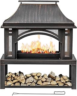 39" Fire Pits with Wood Storage for Outside, Large Wood Burning Outdoor Fireplace with Chimney, Mesh Spark Screen & Fire Poker, Idea for Backyard, Patio, Party, Camping, Picnic