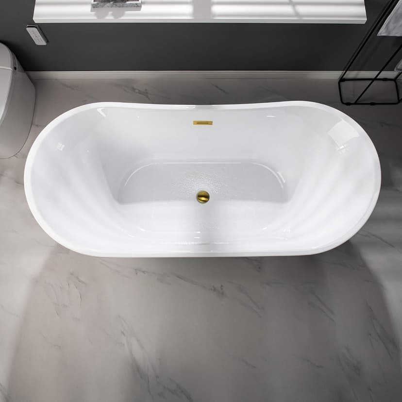 WOODBRIDGE 67" Acrylic Freestanding Bathtub Contemporary Soaking White Tub with Brushed Gold Overflow and Drain，B0010-BG