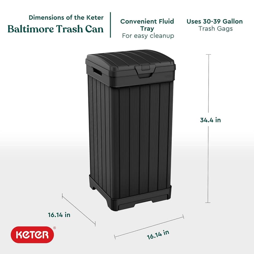 Keter Baltimore Resin 38 Gallon Outdoor Kitchen Trash Can with Lid and Drip Tray for Easy Cleaning-Perfect for Patio Dining, Black