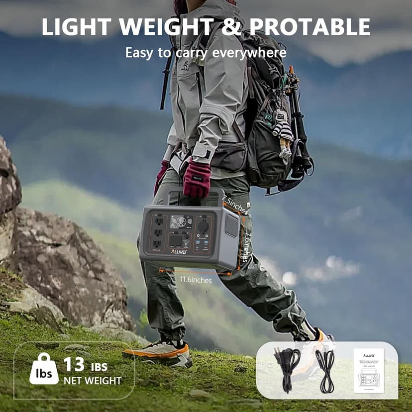 ALLWEI Portable Power Station 500W, 512Wh LiFePO4 Battery, UPS Function, 2.5Hrs Fast Charge, 3 AC Outlets(Surge 1000W), Solar Generator for Outdoor Camping RV CPAP Home Emergency