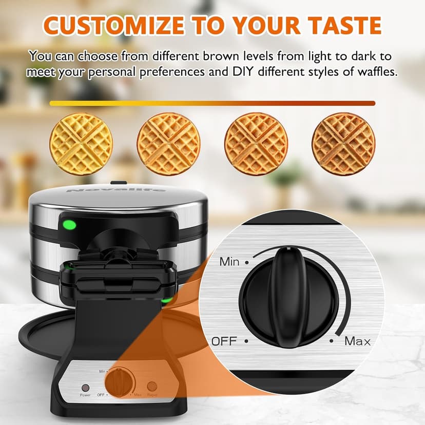 Waffle Maker, 1400W Belgian Waffle Maker, Double Waffle Iron 180° Flip, Rotating Nonstick Plates, Adjustable Browning Control, Locking Buckle & Cool Touch Handle, Removable Drip Tray, Stainless Steel