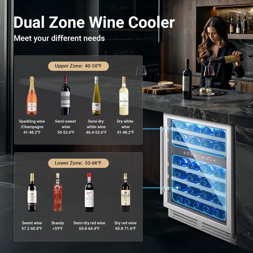 BODEGA 24 Inch Wine Cooler Refrigerator, 46 Bottle Dual Zone Wine Fridge with Double-Layer Tempered Glass Door,wine refrigerator with Temperature Memory Function, Built-in or Freestanding wine cooler.