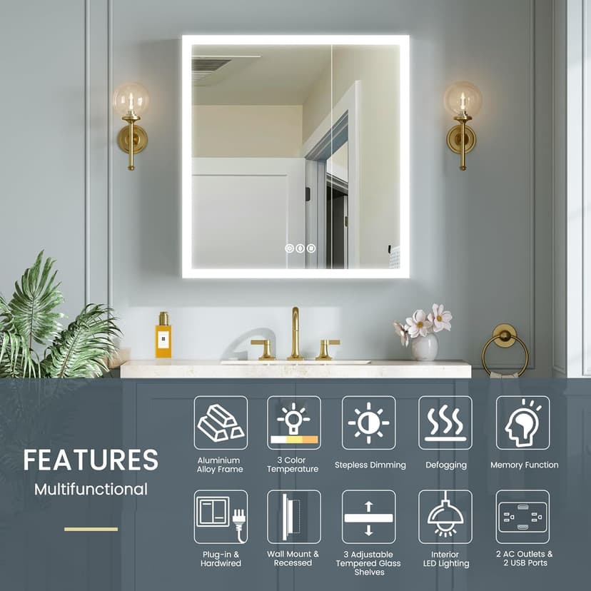 30x32 Inch Lighted Medicine Cabinet, AL Alloy Frame, Plug-in or Hardwired, Recessed or Wall Mount, Mirror Doors/3 Colors/Dimmable/Interior Sensor Light/Anti-Fog, 2 Outlets &USBs, 3 Shelves