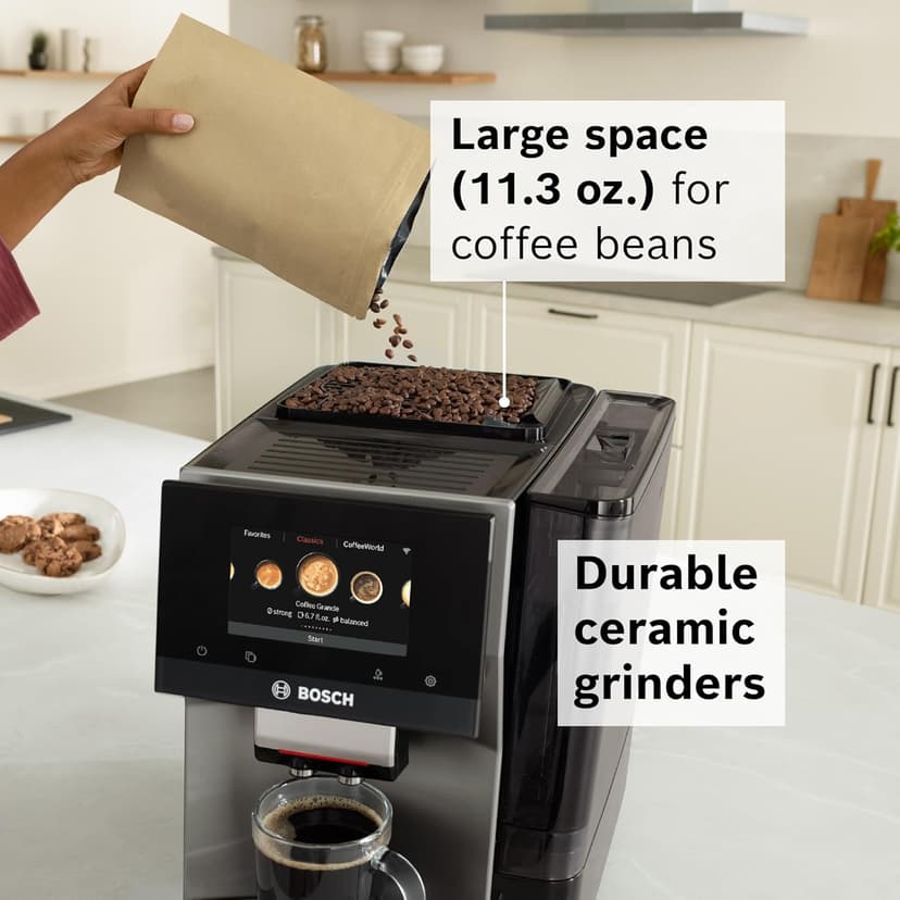 BOSCH 800 Series Fully Automatic Espresso and Coffee Machine – 36 Drinks with Coffee World, Cold Brew, Double Cup, Milk Hose, Glass Milk Container, in Metallic Silver TPU60501