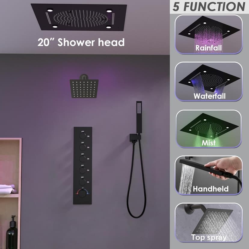 Enga Luxury Dual Shower Head System LED Thermostatic Shower System with 6 inch Wall Shower, 20-Inch 3 Function Shower Head (Rainfall & Mist & Waterfall), Matte Black