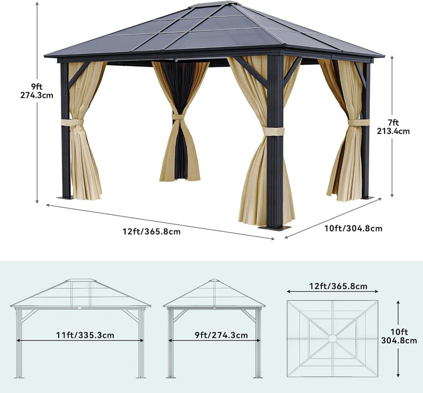 YITAHOME 10x12 Polycarbonate Gazebo Hardtop Outdoor Canopy with Netting and Shaded Curtains, Aluminum Frame Garden Tent for Patio, Backyard, Deck and Lawns, Brown