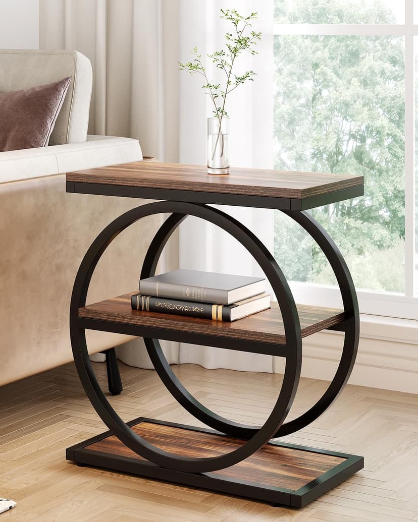 LITTLE TREE End Table, 3-Tier Side Table, Slim Sofa Side Table for Living Room, Tall Bedside Table Nightstand for Bedroom, Rustic Brown and Black