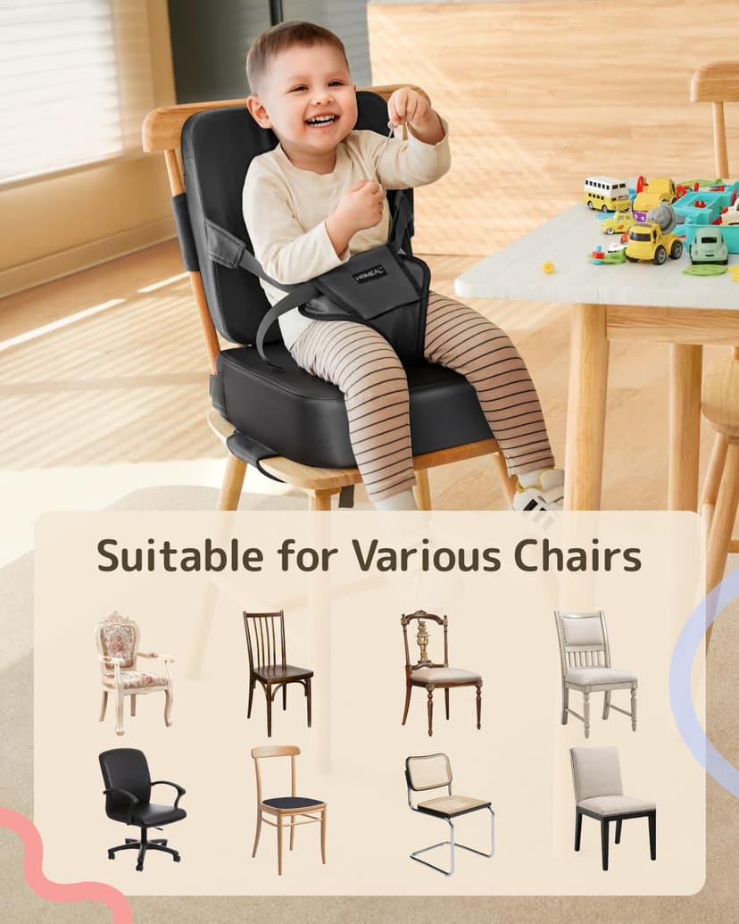 HOMEAL Booster Seat for Kitchen Chair, Breathable Toddler Booster Seat for Dining Table with Backrest and Adjustable Straps, Portable Travel Toddler Booster Seat, Dark Grey