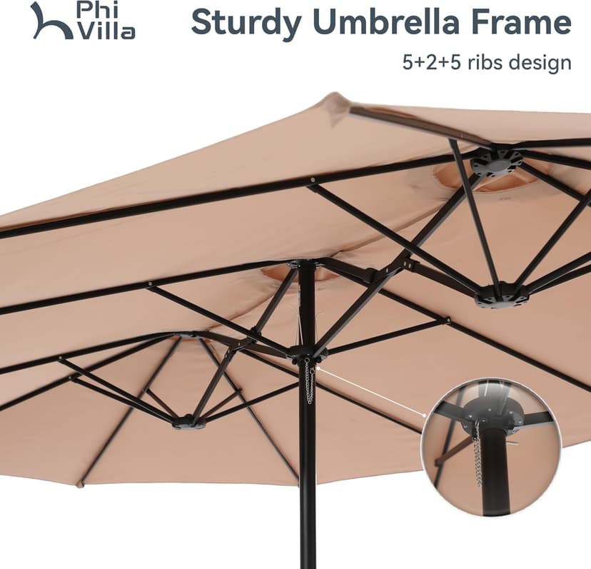 PHI VILLA 15ft Large Patio Umbrellas with Base Included, Outdoor Double-Sided Rectangle Market Umbrella with Stand, Outside Umbrellas for Poolside Lawn Backyard, Beige