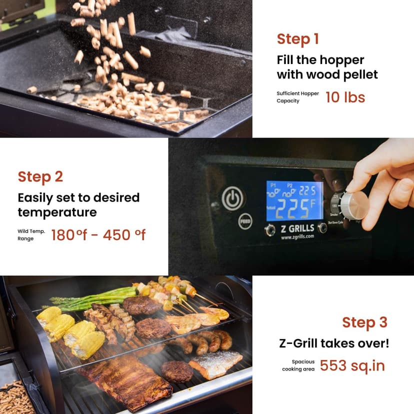 Z GRILLS ZPG 550B2 Wood Pellet Smoker, 8 in 1 BBQ Grill with Latest PID Technology LCD Controller, Auto Temperature Control, Meat Probe, 553 sq in Black