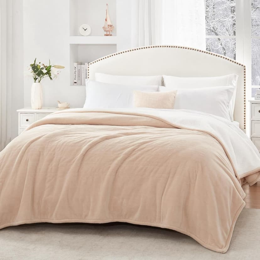 Sealy Electric Blanket Twin Size, Flannel & Sherpa Heated Blanket with 10 Heating Levels & 1-12 Hours Auto Off, Machine Washable, Beige, 62x 84 Inch