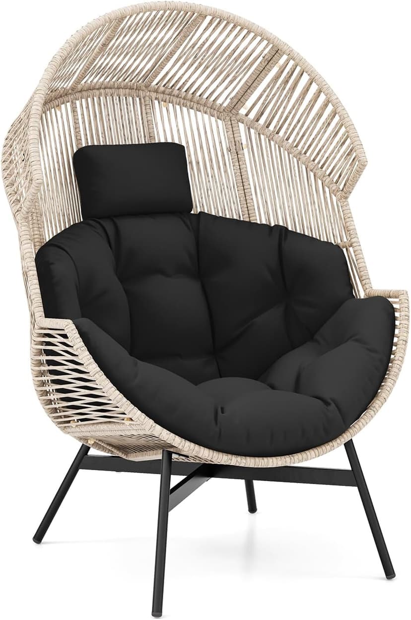 Tangkula Oversized Egg Style Chair, Wicker Stationary Patio Egg Chair w/Cushions & Headrest, Heavy-Duty Metal Frame, Patio Lounge Basket Sofa Chair for Yard, Porch, Living Room