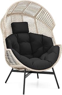 Tangkula Oversized Egg Style Chair, Wicker Stationary Patio Egg Chair w/Cushions & Headrest, Heavy-Duty Metal Frame, Patio Lounge Basket Sofa Chair for Yard, Porch, Living Room