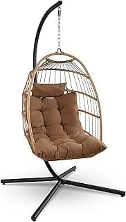 SereneLife Foldable Hanging Egg Swing – Brown Rattan Wicker Lounger with Stand, Waterproof Seat Cushion & Headrest, 350 lbs. Capacity – Outdoor Hammock Chair for Patio, Porch, Garden & Indoor Use