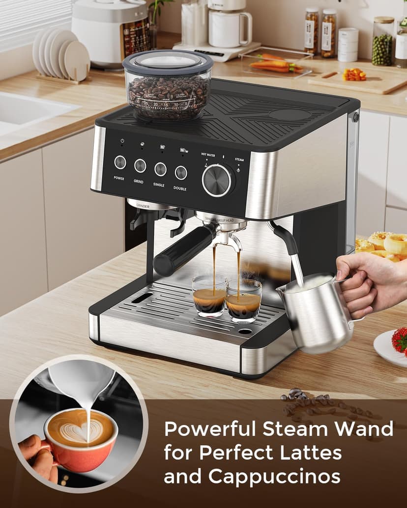 (2025 Upgrade)20 Bar Espresso Machine with Built-in Anti-Clog Coffee Grinder, Expresso Coffee Machines with Milk Steam Wand/Frother/Tamping Tools,Espresso Maker with Grinder for Lattes-Deep Black