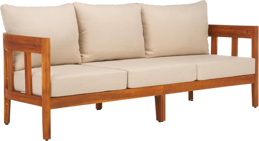 SAFAVIEH Outdoor Collection Owen Natural Teak Solid Wood/Taupe Cushion 3-Seater Sofa