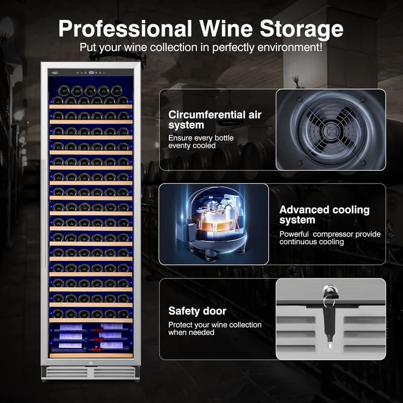 Upgraded 24 Inch Wine Cooler Refrigerator, 190 Bottles Wine Fridge with Professional Temperature Control System, Freestanding or Built-in installation, Quiet Operation