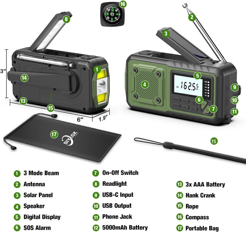 Crank Emergency Radio, Weather Radios5000mAh, Solar Radios with Hand Crank Emergencies, NOAA/AM/FM Weather Alert Radio, SOS Alarm,Flashlight & Reading Lamp, for Indoor Outdoor Survival