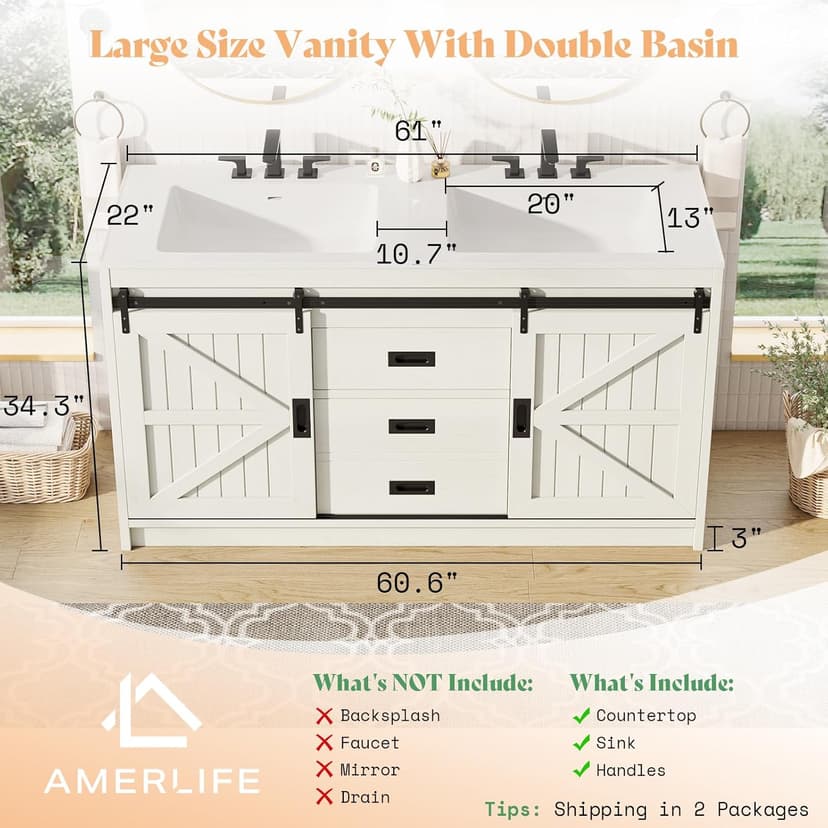 AMERLIFE 61" Farmhouse Double Bathroom Vanity with Sink Combo, Dual Basin Bathroom Storage Cabinet with Sliding Barn Doors & Drawers, Large Double Bath Vanity Sink Set, Rustic White