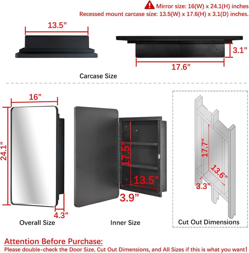 Fundin Plastic Black Medicine Cabinet, Beveled Edge Mirror Door with Round Corner Metal Frame, Recessed and Surface Mount Bathroom Medicine Cabinet, 16 x 24 inch Mirror Size