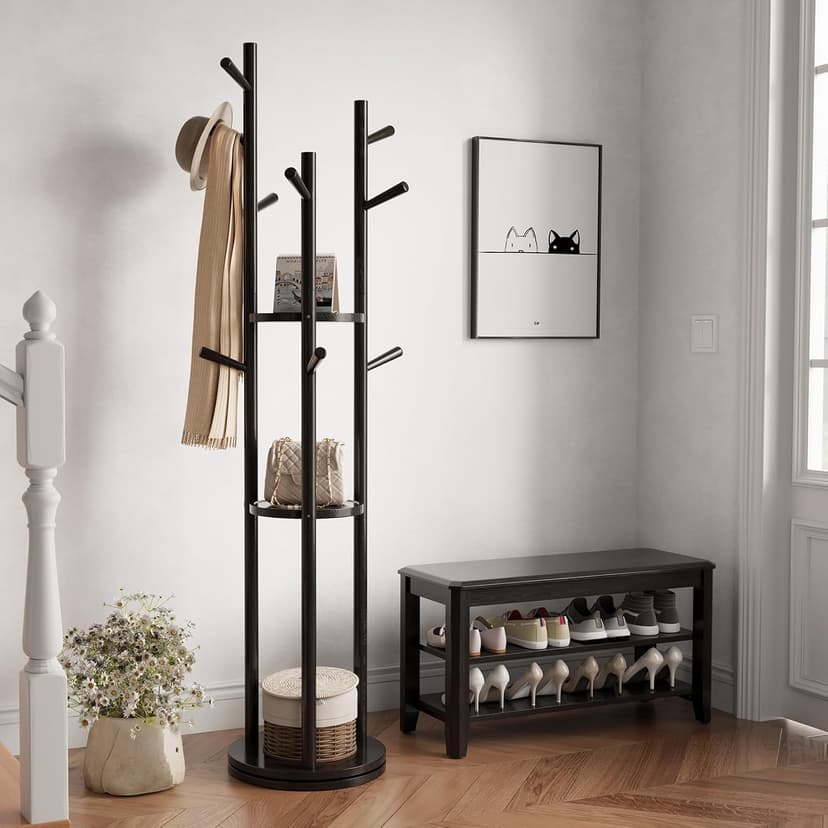 KungFuWood Coat Rack, Solid Wood Rotary Coat Rack Stand, Freestanding Coat Rack with 3 Shelves and 9 Hooks, Sturdy and Easy to Assemble Coat Tree for Entryway, Bedroom, Coats, Bags (Black)