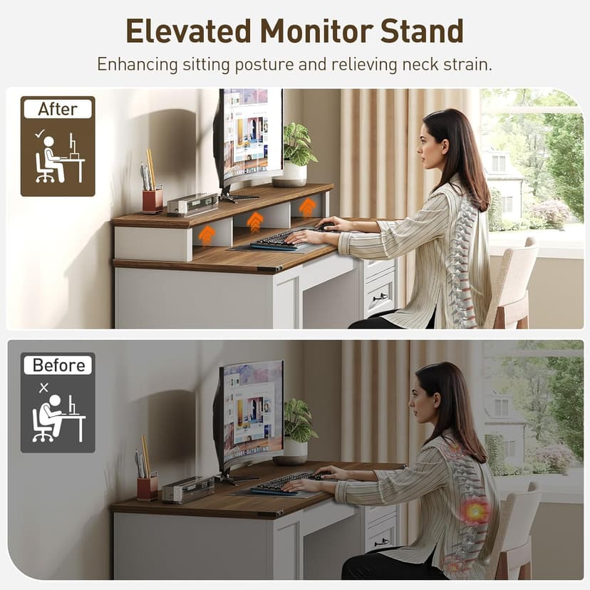 55'' Farmhouse Executive Desk with Drawers, Computer Desk with File Cabinet and Side Bookshelf, Writing Gaming Desk with Monitor Stand & Charging Station, White and Walnut