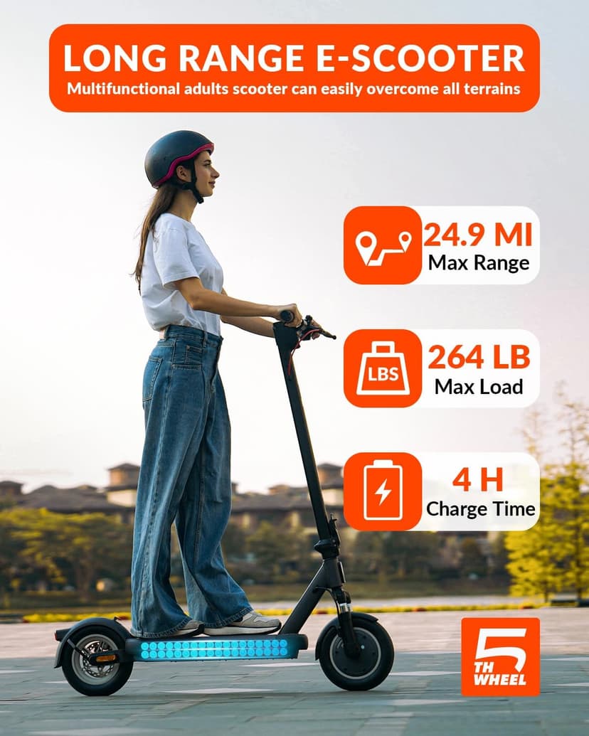 5TH Wheel V40 PRO Electric Scooters, 48V 800W Peak Motor & 20 MPH, 24.9 Miles Range, 10" Solid Tires, Front-N-Rear Suspension and Ambient Light, Folding Sport Scooters with Dual Brake System and APP