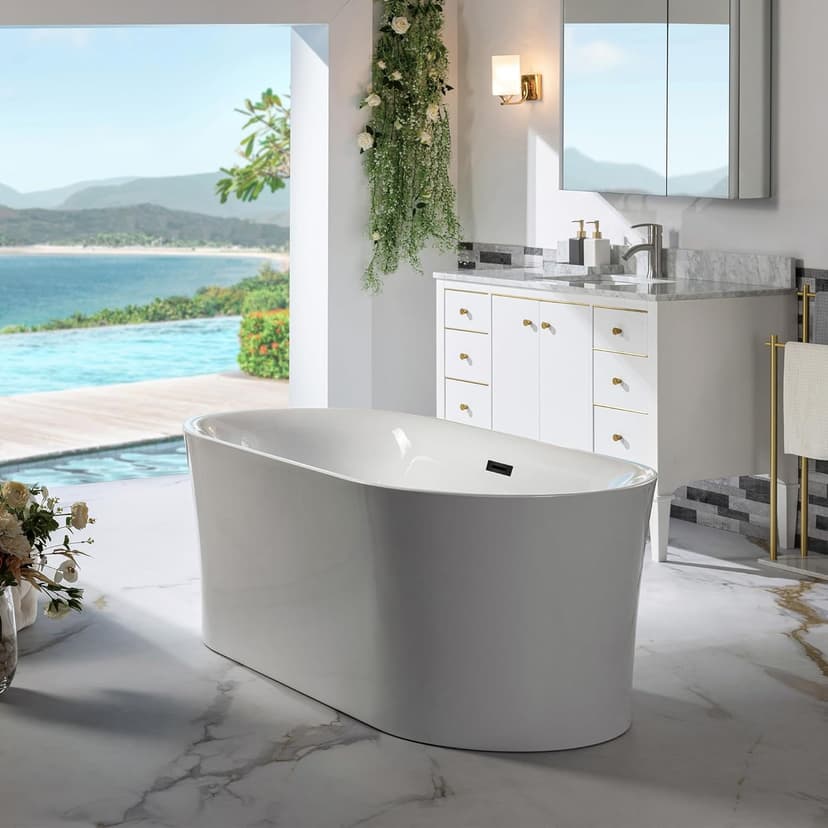 WOODBRIDGE 59" Acrylic Freestanding Bathtub Contemporary Soaking Tub with Matte Black Overflow and Drain,White Tub,B0058-MB