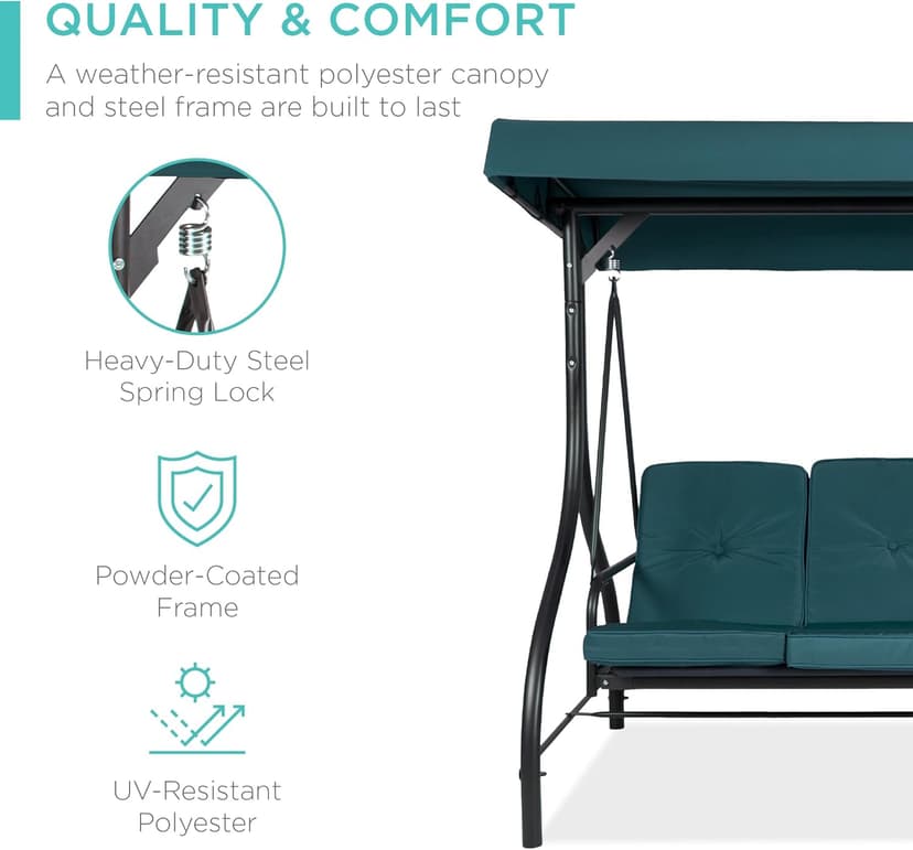 Best Choice Products 3-Seat Outdoor Large Converting Canopy Swing Glider, Patio Hammock Lounge Chair for Porch, Backyard w/Flatbed, Adjustable Shade, Removable Cushions - Peacock