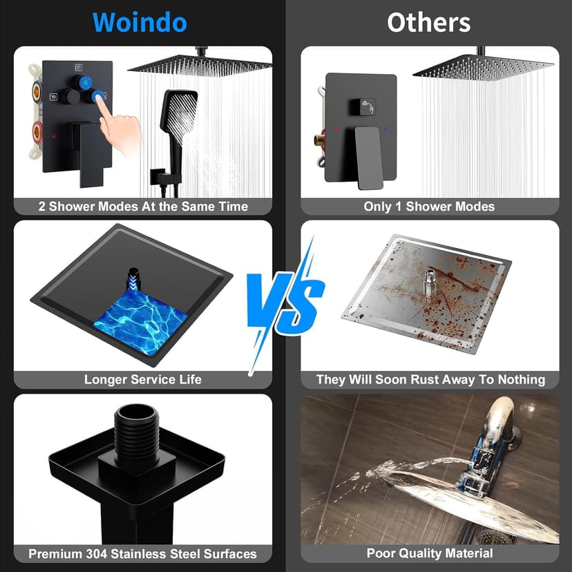 Shower Faucet Set, 12" Ceiling Mount Rainfall Shower System with 2 Rain Shower Head and Multi-function Handheld Head Push Button Diverter Shower Faucet Trim Kit (12", Matte Black)