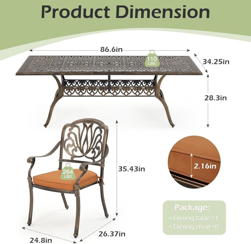 [Hi-End]Cast Aluminum Patio Furniture Set 9-Piece Outdoor Dining Set Includes 86.6’’ Rectangular Patio Table with Umbrella Hole and 8 Cushioned Dining Chairs,Rust-Free for Patio Deck Garden Pool