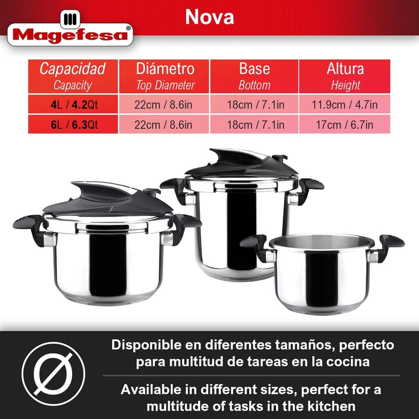 Magefesa Nova 4.2 Qt Stovetop Pressure Cooker – Fast Cooking, Easy Locking, 18/10 Stainless Steel, Induction Compatible, 5 Safety Features, 11.6 PSI
