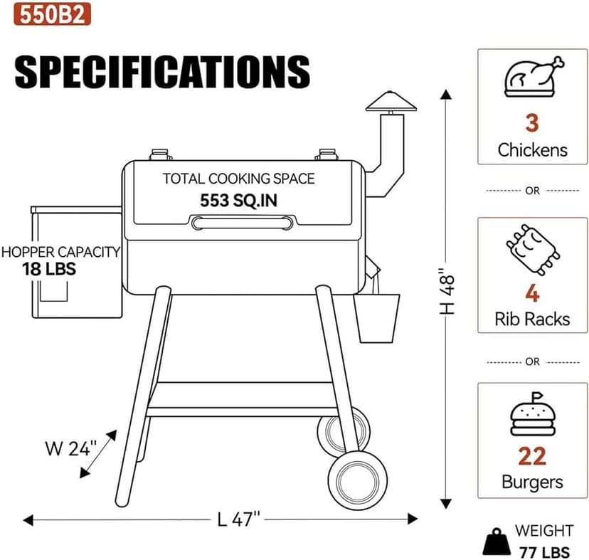 Z GRILLS ZPG 550B2 Wood Pellet Smoker, 8 in 1 BBQ Grill with Latest PID Technology LCD Controller, Auto Temperature Control, Meat Probe, 553 sq in Black