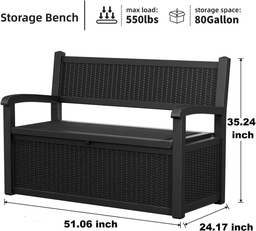 70 Gallon Storage Bench Deck Box Waterproof Lockable,Outdoor Storage Furniture for Patio,Garden and Porch,Tools and Cushions（Black）